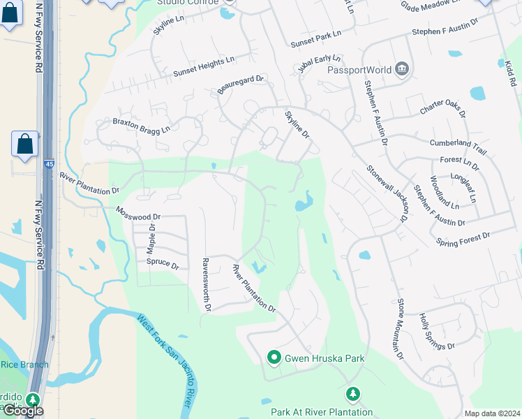 map of restaurants, bars, coffee shops, grocery stores, and more near 504 River Plantation Drive in Conroe