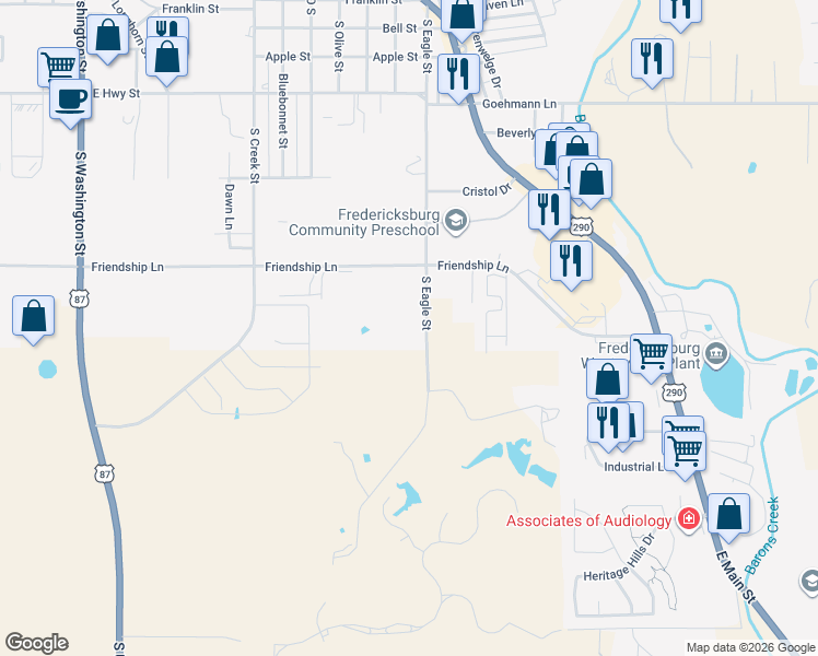 map of restaurants, bars, coffee shops, grocery stores, and more near 1405 South Eagle Street in Fredericksburg
