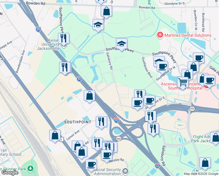 map of restaurants, bars, coffee shops, grocery stores, and more near 1 Salisbury Road in Jacksonville