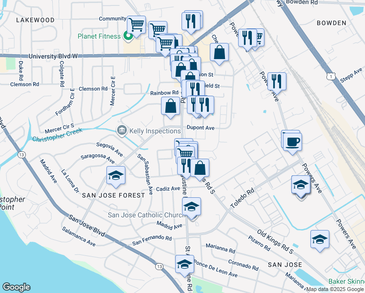map of restaurants, bars, coffee shops, grocery stores, and more near 6765 Saint Augustine Road in Jacksonville