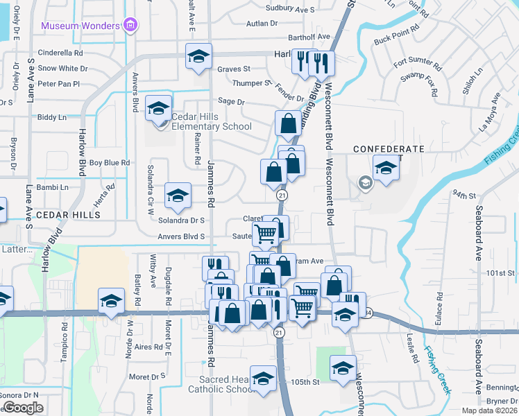 map of restaurants, bars, coffee shops, grocery stores, and more near 6227 Claret Drive in Jacksonville