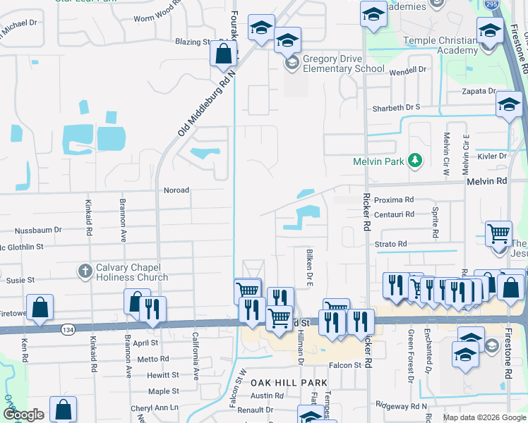 map of restaurants, bars, coffee shops, grocery stores, and more near 7950 Melvin Road in Jacksonville