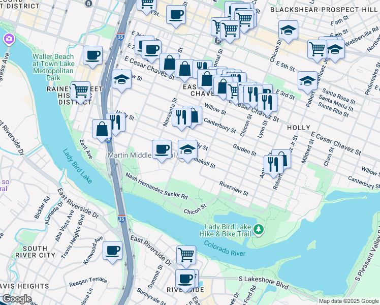 map of restaurants, bars, coffee shops, grocery stores, and more near 1616A Haskell Street in Austin