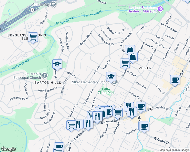 map of restaurants, bars, coffee shops, grocery stores, and more near 1913 Rabb Road in Austin