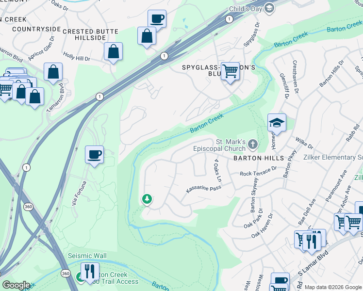 map of restaurants, bars, coffee shops, grocery stores, and more near 2601 Forest Bend Drive in Austin