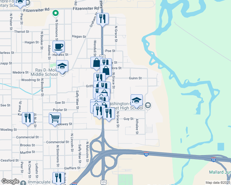 map of restaurants, bars, coffee shops, grocery stores, and more near 2619 Blackwell Street in Lake Charles
