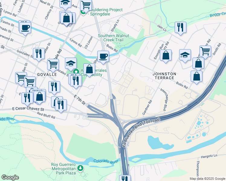 map of restaurants, bars, coffee shops, grocery stores, and more near 731 Airport Boulevard in Austin