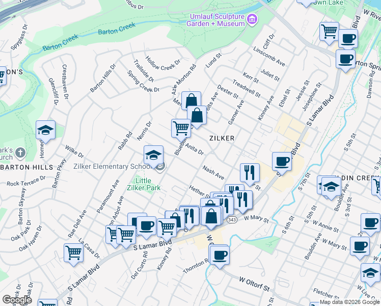 map of restaurants, bars, coffee shops, grocery stores, and more near 1903 Anita Drive in Austin
