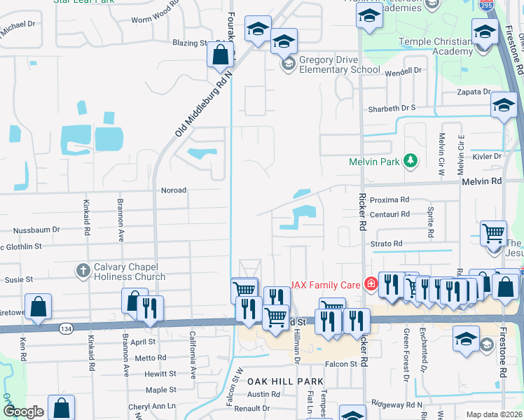 map of restaurants, bars, coffee shops, grocery stores, and more near 7950 Melvin Road in Jacksonville