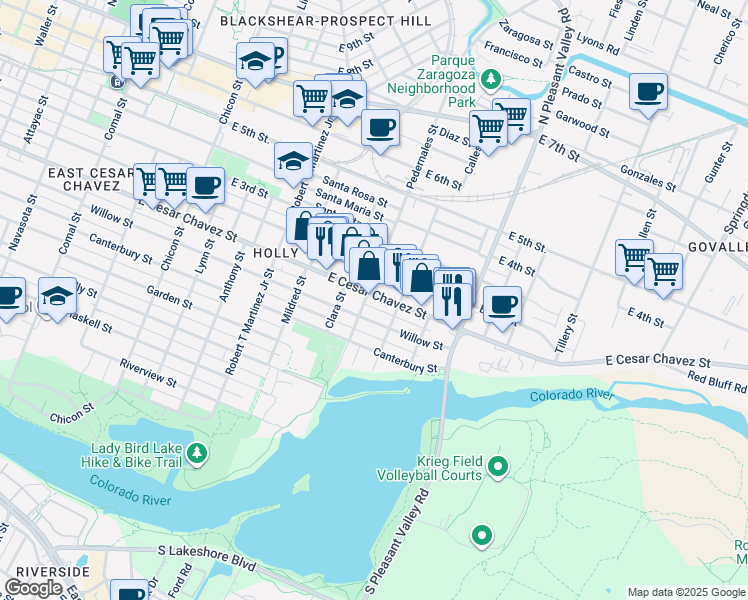 map of restaurants, bars, coffee shops, grocery stores, and more near 2512 Willow Street in Austin