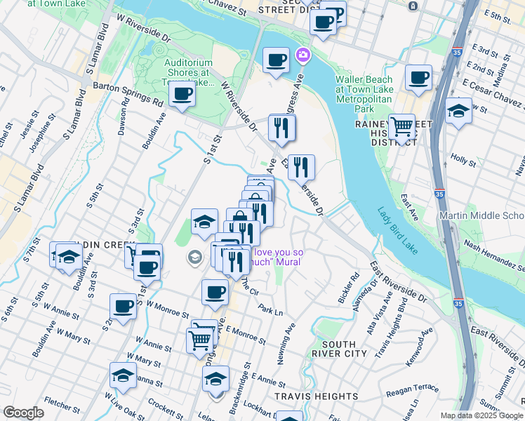 map of restaurants, bars, coffee shops, grocery stores, and more near 1009 South Congress Avenue in Austin