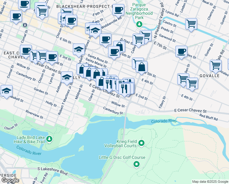 map of restaurants, bars, coffee shops, grocery stores, and more near 2613 East Cesar Chavez Street in Austin