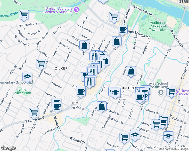 map of restaurants, bars, coffee shops, grocery stores, and more near 1224 South Lamar Boulevard in Austin