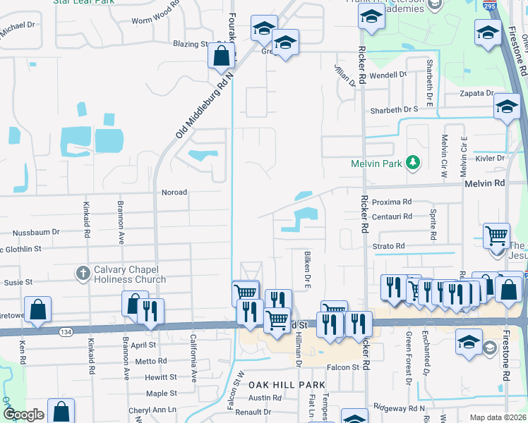 map of restaurants, bars, coffee shops, grocery stores, and more near 7950 Melvin Road in Jacksonville
