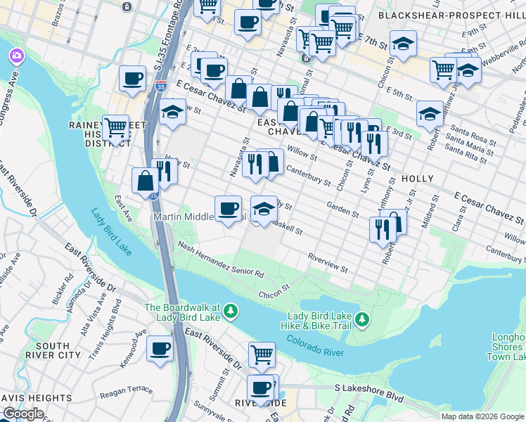 map of restaurants, bars, coffee shops, grocery stores, and more near 1616A Haskell Street in Austin