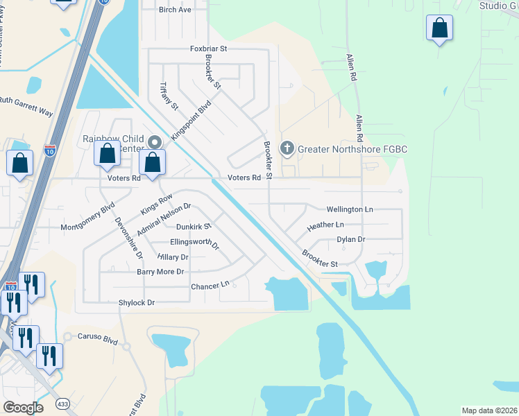 map of restaurants, bars, coffee shops, grocery stores, and more near 1808 Brookter Street in Slidell