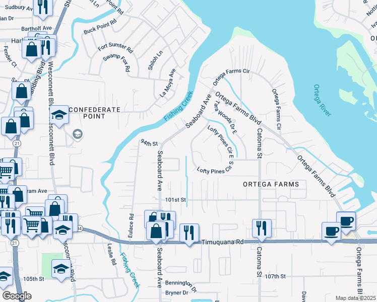 map of restaurants, bars, coffee shops, grocery stores, and more near 5009 Kimbrell Drive South in Jacksonville