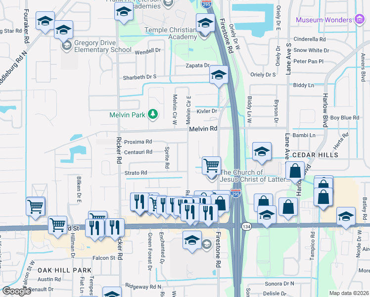 map of restaurants, bars, coffee shops, grocery stores, and more near 4749 Andromeda Road in Jacksonville
