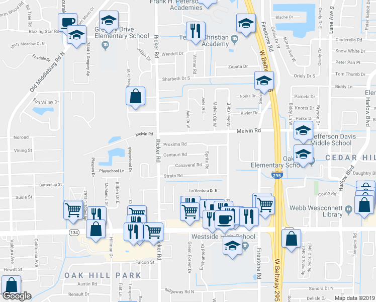 map of restaurants, bars, coffee shops, grocery stores, and more near 7506 Centauri Road in Jacksonville