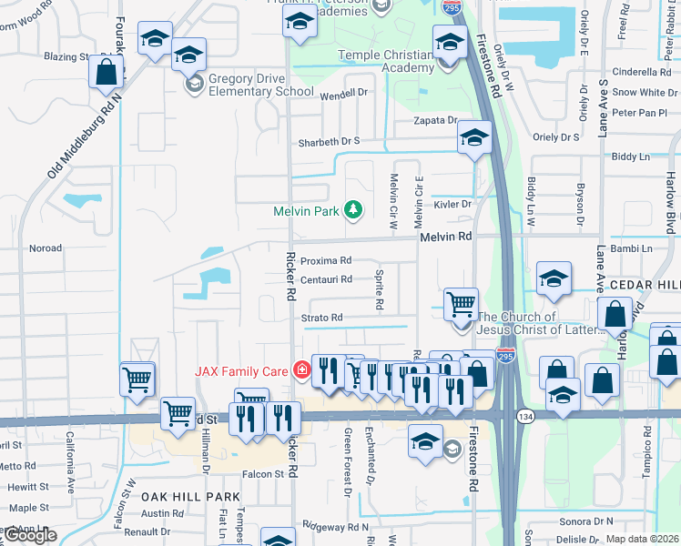 map of restaurants, bars, coffee shops, grocery stores, and more near 7506 Centauri Road in Jacksonville
