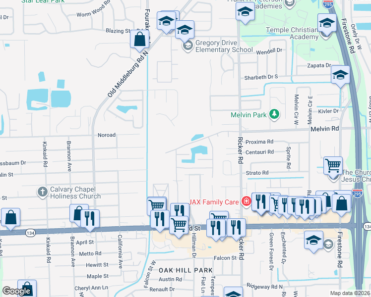map of restaurants, bars, coffee shops, grocery stores, and more near 4727 Playpen Drive in Jacksonville