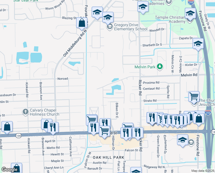 map of restaurants, bars, coffee shops, grocery stores, and more near 4727 Playpen Drive in Jacksonville