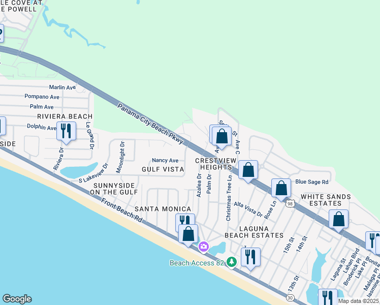 map of restaurants, bars, coffee shops, grocery stores, and more near 359 Azalea Drive in Panama City Beach