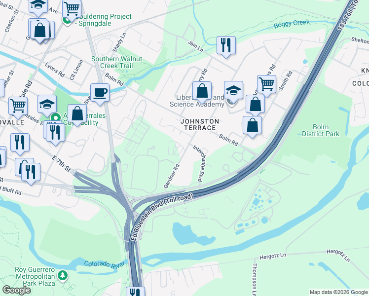 map of restaurants, bars, coffee shops, grocery stores, and more near 701-913 Gardner Rd in Austin