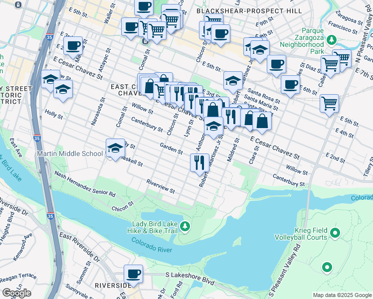 map of restaurants, bars, coffee shops, grocery stores, and more near 2015 Garden Street in Austin