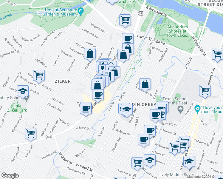 map of restaurants, bars, coffee shops, grocery stores, and more near 1108 Jewell Street in Austin