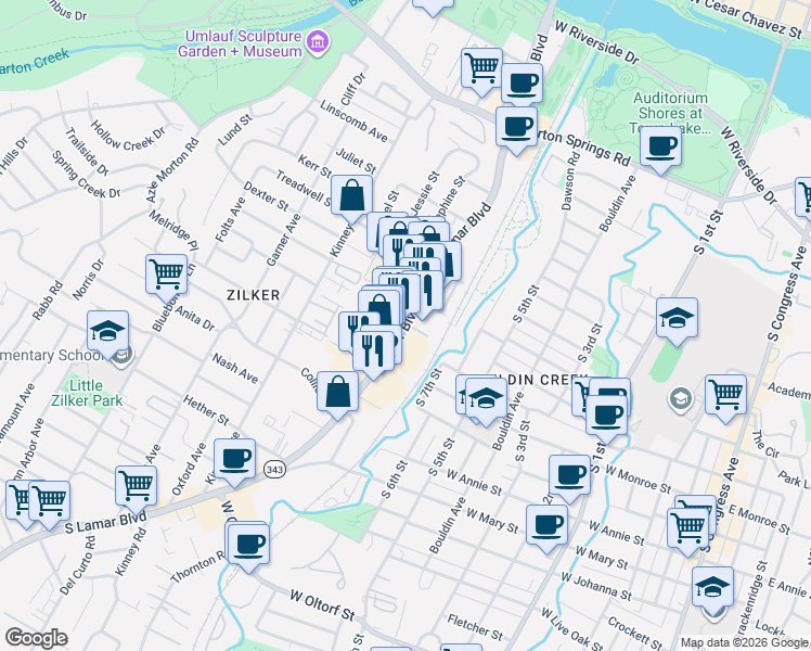 map of restaurants, bars, coffee shops, grocery stores, and more near 1311 South Lamar Boulevard in Austin