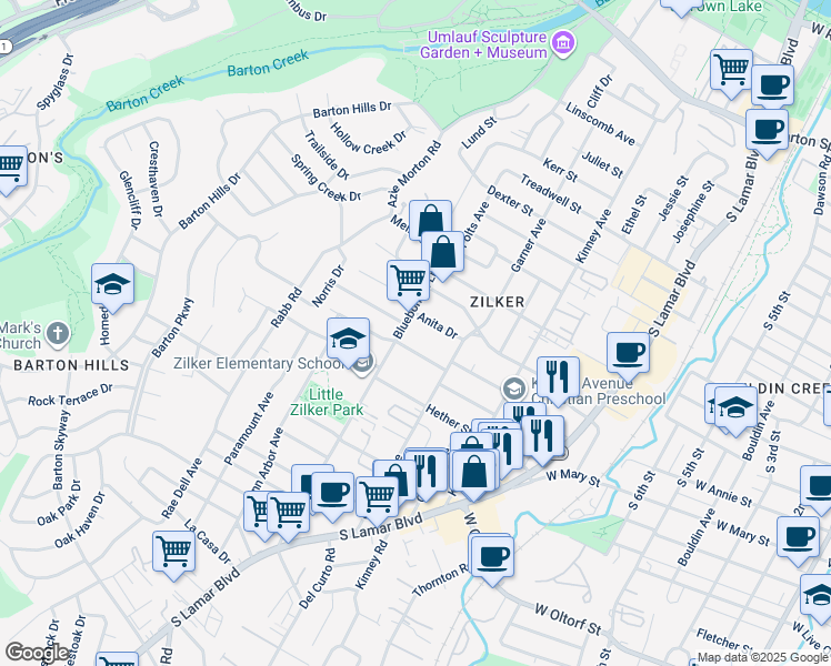 map of restaurants, bars, coffee shops, grocery stores, and more near 1810 Ford Street in Austin