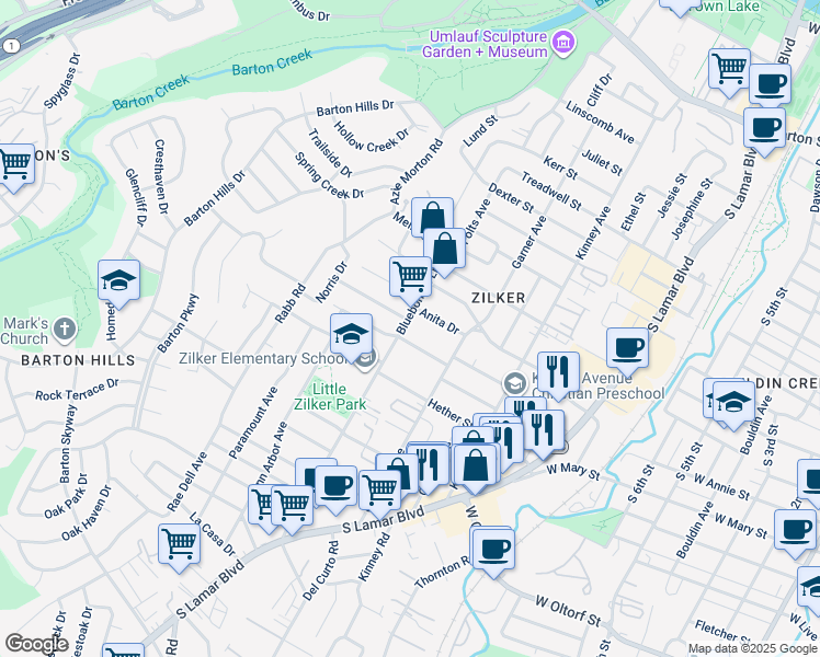 map of restaurants, bars, coffee shops, grocery stores, and more near 1810 Ford Street in Austin