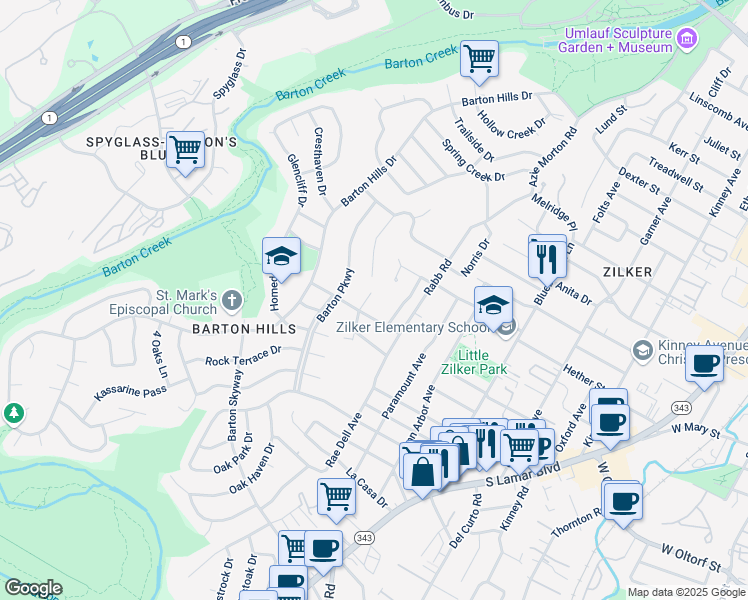 map of restaurants, bars, coffee shops, grocery stores, and more near 2006 Arthur Lane in Austin