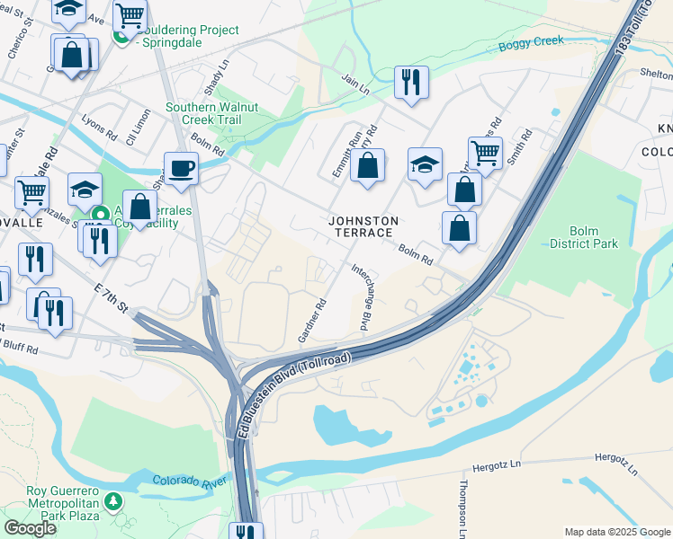 map of restaurants, bars, coffee shops, grocery stores, and more near 701-913 Gardner Rd in Austin