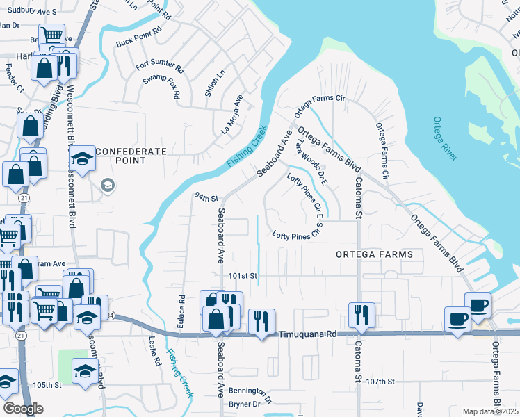 map of restaurants, bars, coffee shops, grocery stores, and more near 5009 Kimbrell Drive South in Jacksonville