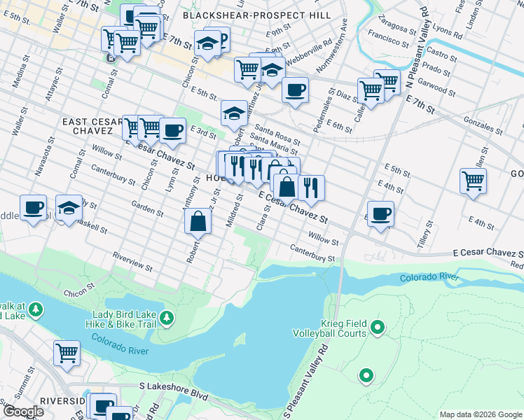 map of restaurants, bars, coffee shops, grocery stores, and more near 2314 Canterbury Street in Austin