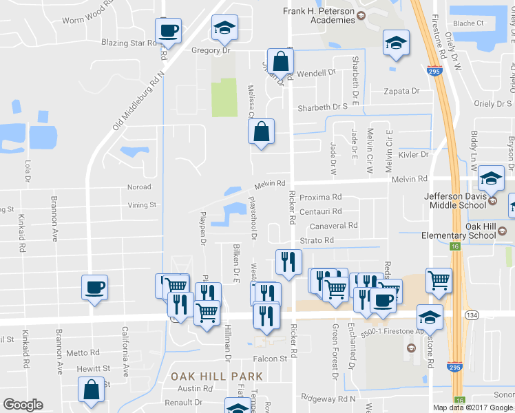 map of restaurants, bars, coffee shops, grocery stores, and more near 4665 Playschool Drive in Jacksonville