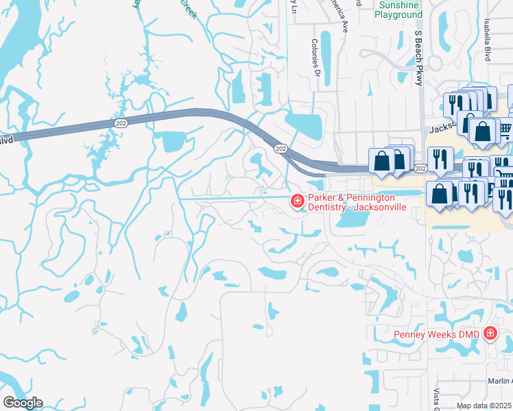 map of restaurants, bars, coffee shops, grocery stores, and more near 1800 The Greens Way in Jacksonville Beach