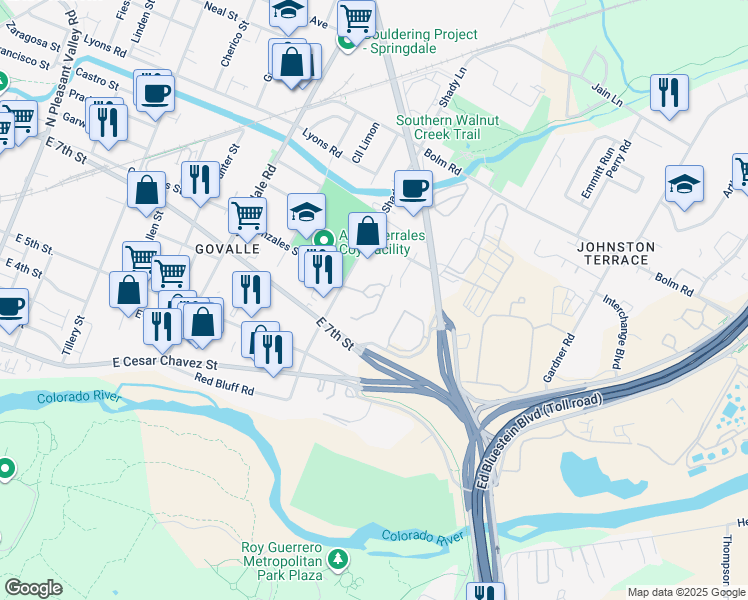 map of restaurants, bars, coffee shops, grocery stores, and more near 719 Shady Lane in Austin