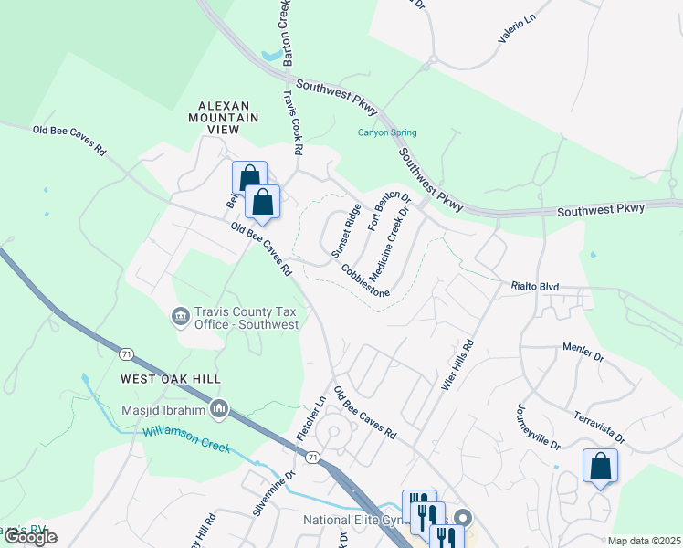 map of restaurants, bars, coffee shops, grocery stores, and more near 5913 Sunset Ridge in Austin