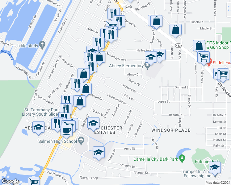 map of restaurants, bars, coffee shops, grocery stores, and more near 359 Olive Drive in Slidell
