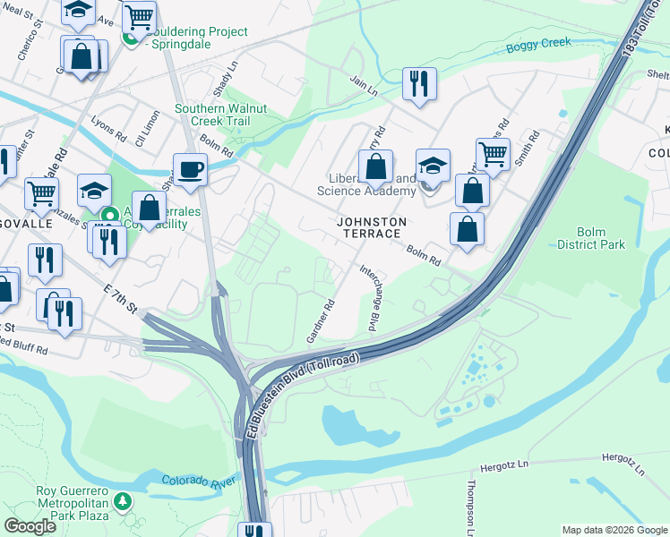 map of restaurants, bars, coffee shops, grocery stores, and more near 900 Gardner Road in Austin