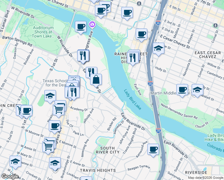 map of restaurants, bars, coffee shops, grocery stores, and more near 500 East Riverside Drive in Austin