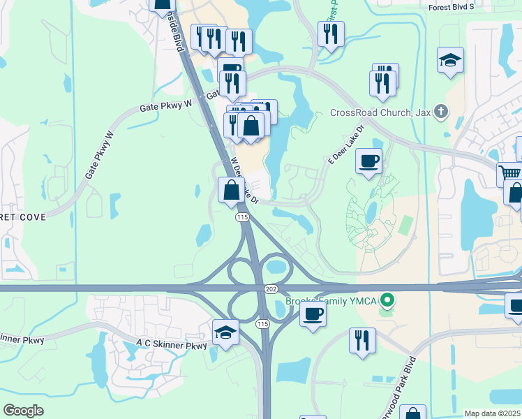 map of restaurants, bars, coffee shops, grocery stores, and more near 4929 Skyway Drive in Jacksonville
