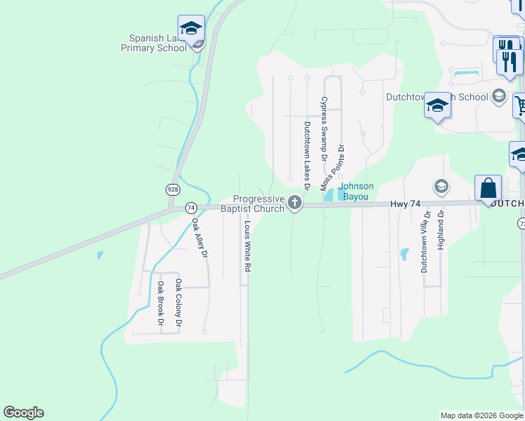 map of restaurants, bars, coffee shops, grocery stores, and more near 36029 Highway 74 in Geismar
