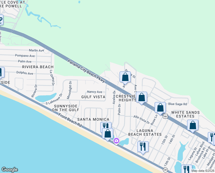 map of restaurants, bars, coffee shops, grocery stores, and more near 101 Downing Street in Panama City Beach