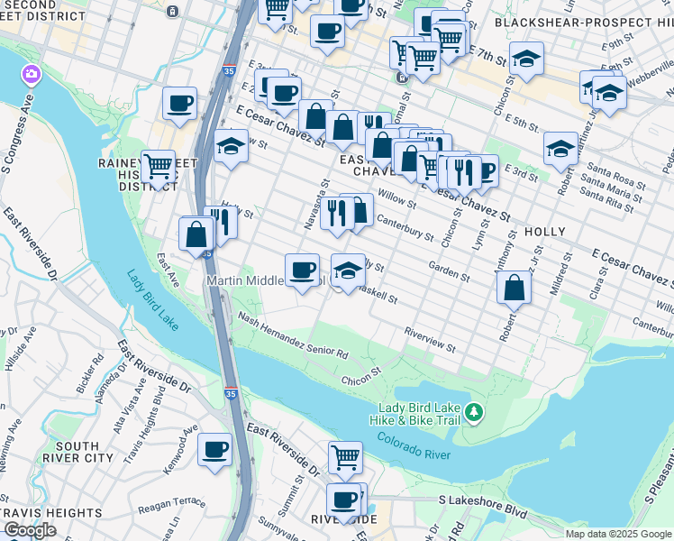 map of restaurants, bars, coffee shops, grocery stores, and more near 1510 Robert Weaver Avenue in Austin