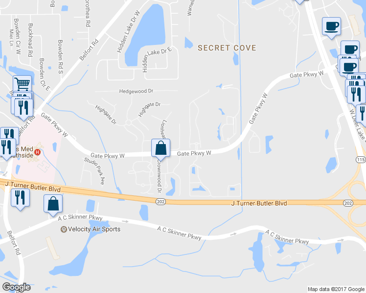 map of restaurants, bars, coffee shops, grocery stores, and more near 8450 Gate Parkway West in Jacksonville