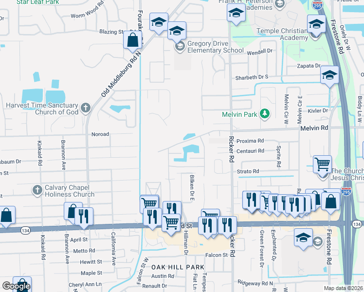 map of restaurants, bars, coffee shops, grocery stores, and more near 7781 Highchair Lane in Jacksonville